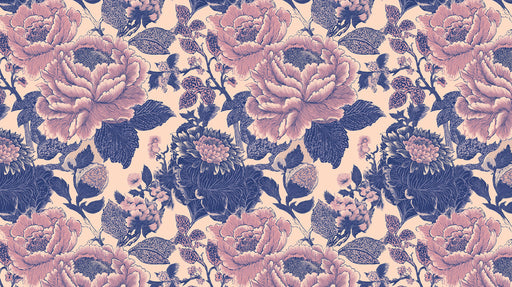 Vintage peony flower mural wallpaper with ink-wash navy leaves and soft blush pink petals on a cream background