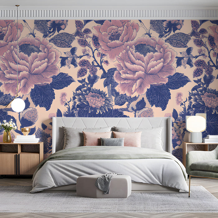 Bedroom wall decorated with intricate botanical peony wallpaper in a refined romantic style