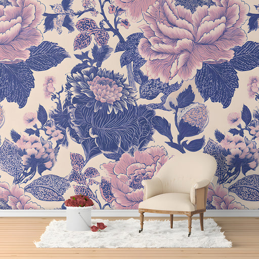 Study with vintage peony floral mural wallpaper on an accent wall behind a mahogany table