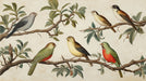 Vintage botanical wallpaper featuring various bird species on rustic branches with sage leaves on a creamy parchment background