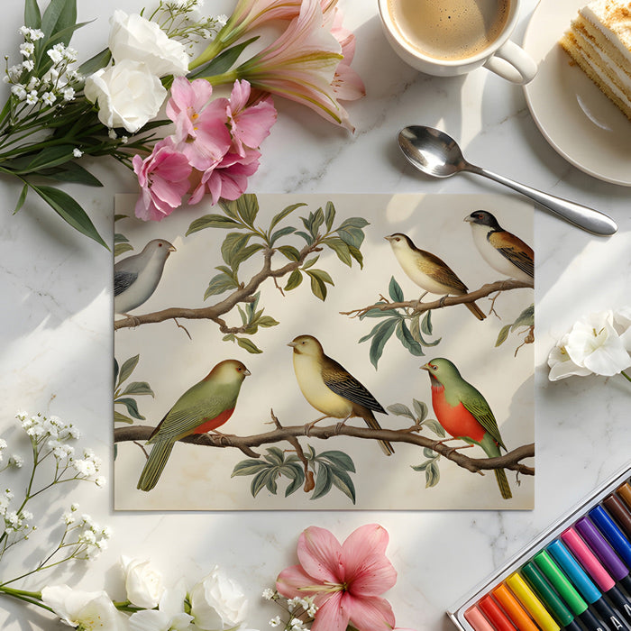 A soft, neutral nursery room with an elegant bird and branch mural providing a gentle nature-inspired focal point