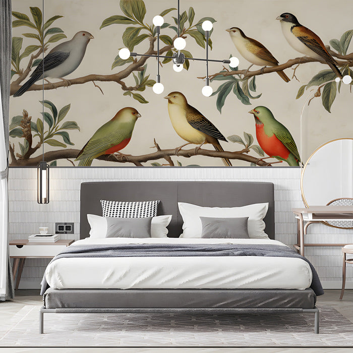 A bright, sun-drenched bedroom featuring a classic botanical bird wall mural behind a simple iron bed frame