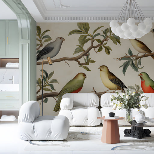 A cozy commercial spacewith a vintage botanical bird mural on the main wall, complemented by dark wood shelving