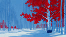 A graphic wallpaper pattern featuring white birch trees with bright red leaves against a blue winter sky and snowy ground.