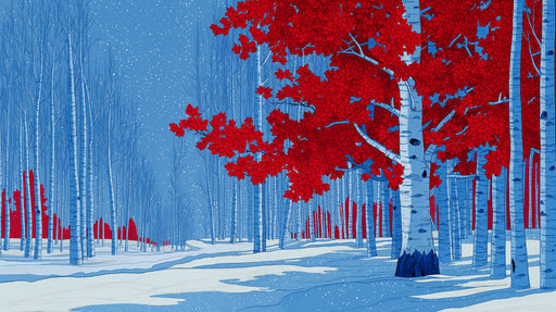 A graphic wallpaper pattern featuring white birch trees with bright red leaves against a blue winter sky and snowy ground.