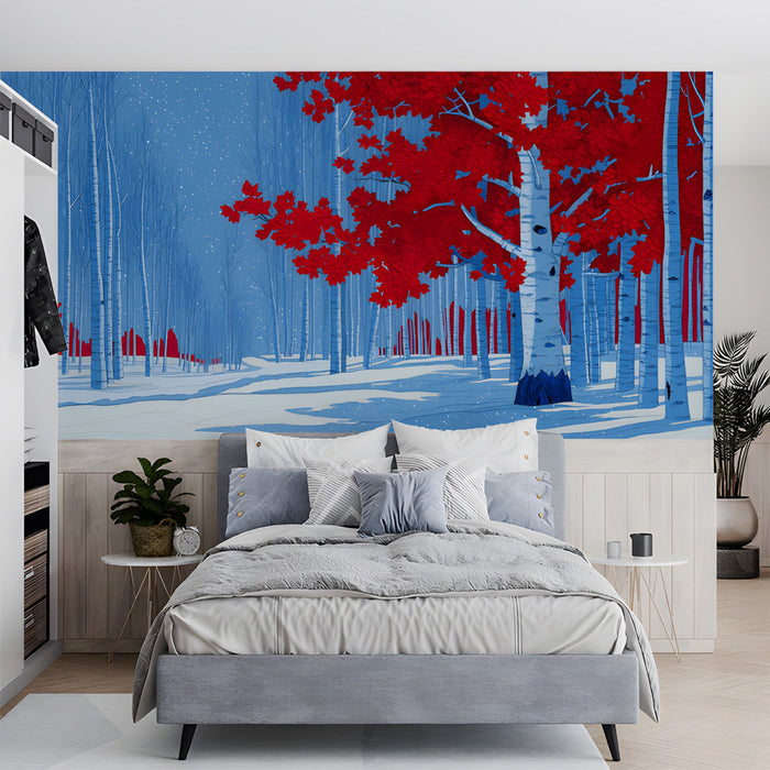 A creative bedroom interior decorated with a striking crimson birch tree landscape mural.