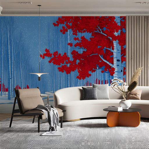 A bright living room featuring a feature wall with a bold red and blue winter forest mural.