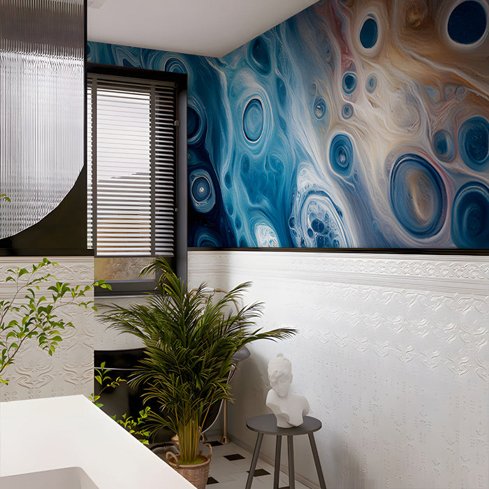 Modern washroom featuring oceanic fluid art wallpaper as a serene feature wall behind a bed.