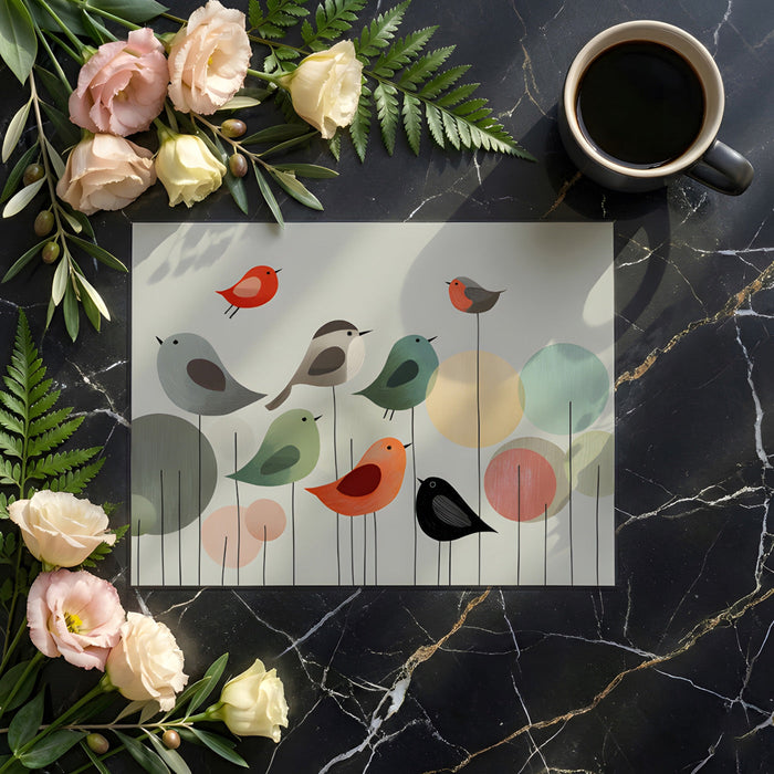 Creative home office space featuring colorful bird and circle wallpaper on a feature wall