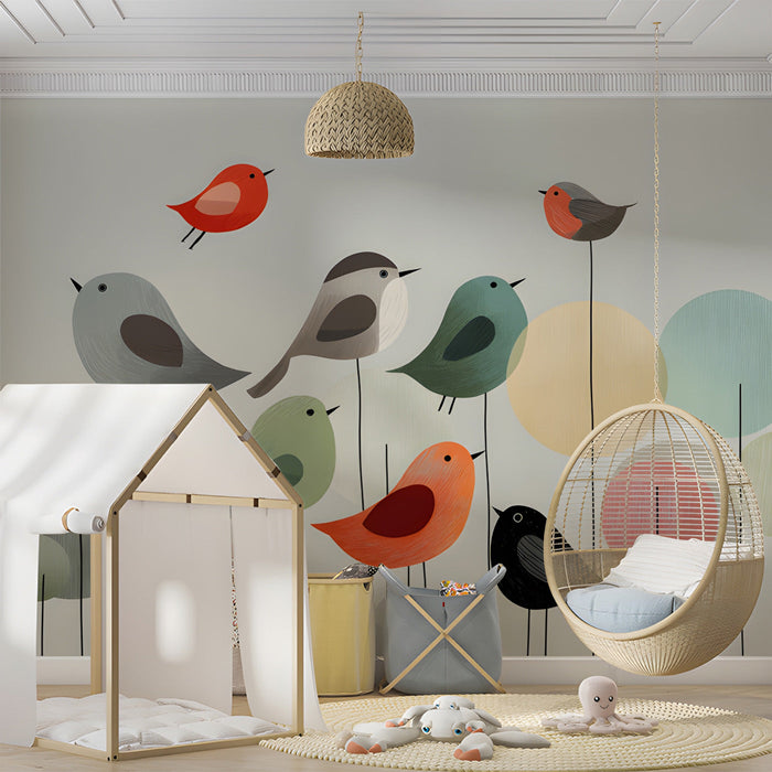 Modern nursery decorated with a whimsical bird mural wallpaper and light wood furniture