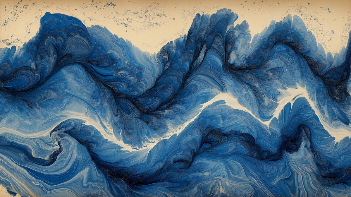 Abstract wallpaper pattern featuring swirling waves of deep indigo, navy, and cerulean blue on a creamy parchment background