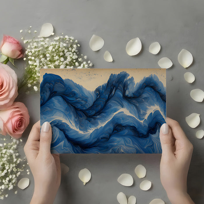 Modern bedroom wall with flowing navy marble mural creating a calming focal point