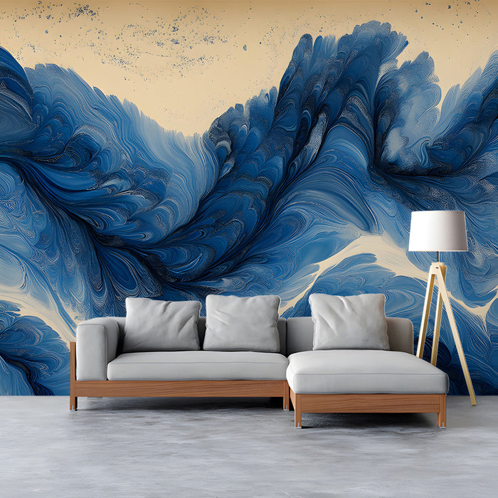 Contemporary Study with a fluid blue wave wallpaper pattern on the main wall