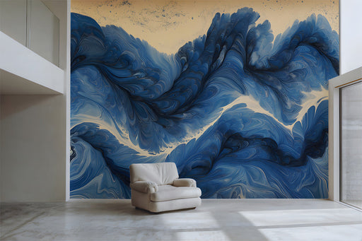 Study interior featuring an abstract blue wave mural behind a minimalist beige sofa