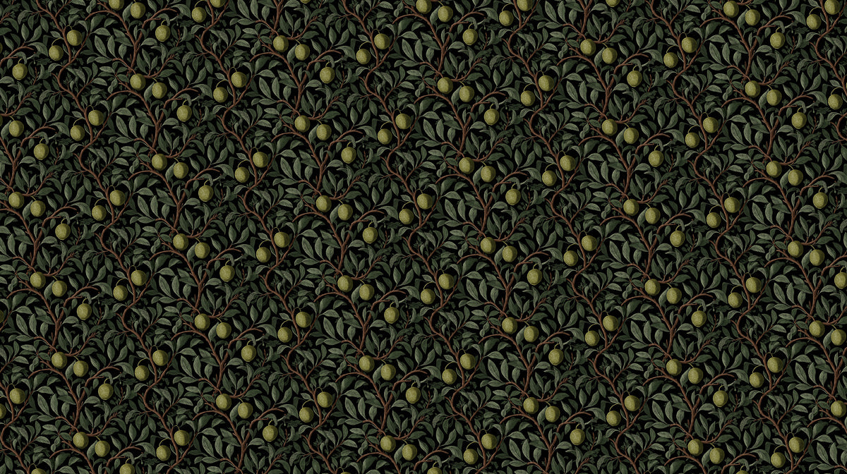 Intricate olive branch pattern with dark forest green leaves and ochre fruit on a charcoal background