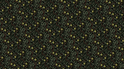 Intricate olive branch pattern with dark forest green leaves and ochre fruit on a charcoal background
