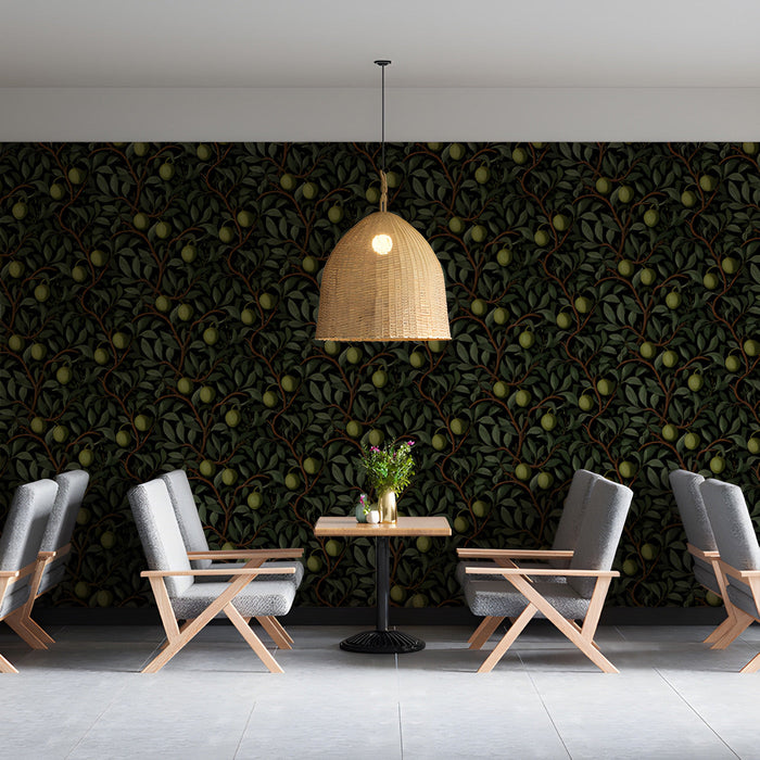Elegant cafe space with classic olive branch wallpaper and dark wood furniture