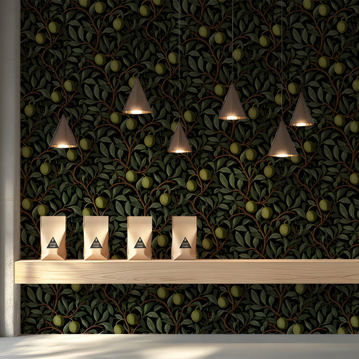 Moody master shop featuring a dark green olive branch feature wall behind a wooden bed frame
