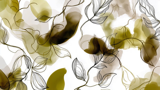 Abstract botanical wallpaper with olive green ink washes and fine black line leaf illustrations