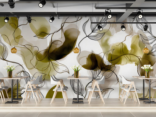 Modern restaurant wall featuring organic olive botanical wallpaper with minimalist furniture