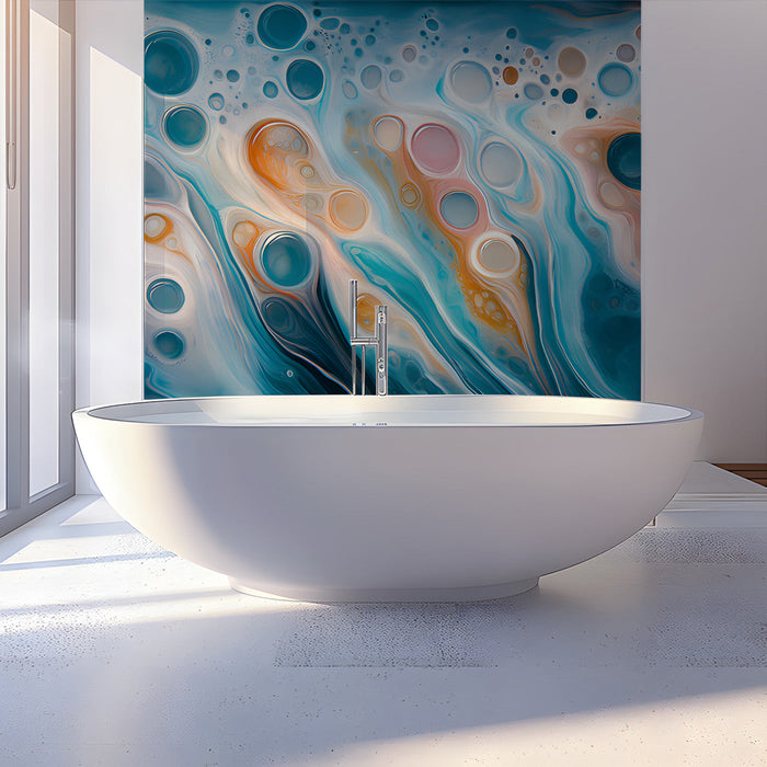 Contemporary bathroom with a large-scale abstract teal and amber mural