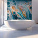 Contemporary bathroom with a large-scale abstract teal and amber mural