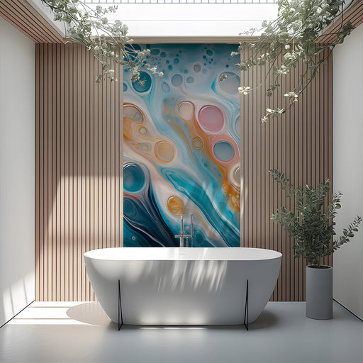 Modern washroom featuring a fluid abstract mural behind a minimalist bed frame