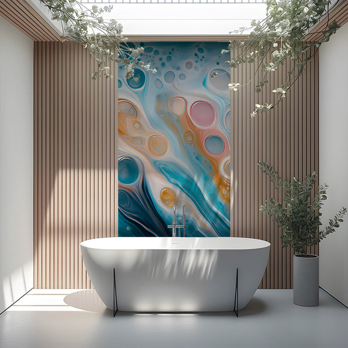 Modern washroom featuring a fluid abstract mural behind a minimalist bed frame