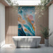 Modern washroom featuring a fluid abstract mural behind a minimalist bed frame