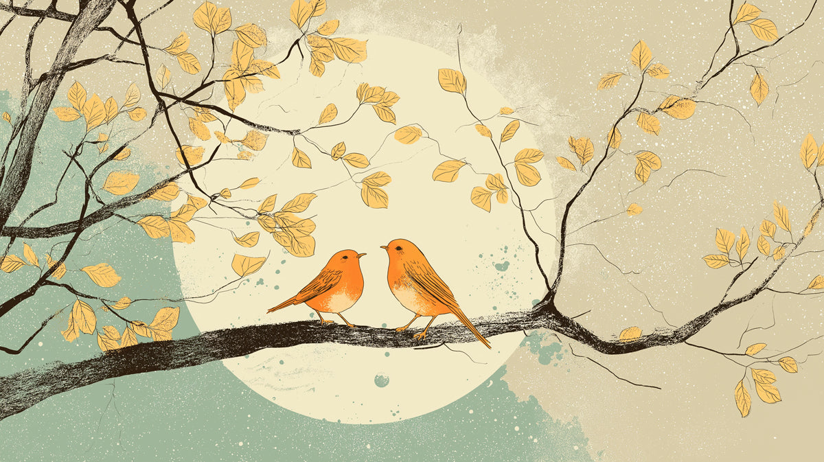 Artistic mural wallpaper featuring two orange songbirds on a charcoal tree branch with ochre leaves and a soft beige moon background