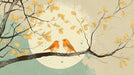 Artistic mural wallpaper featuring two orange songbirds on a charcoal tree branch with ochre leaves and a soft beige moon background