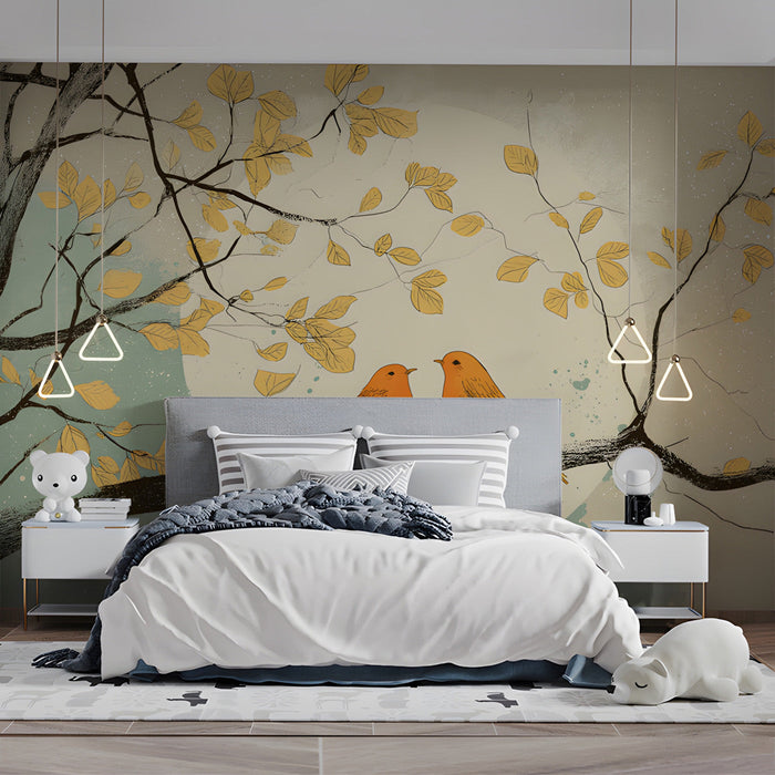 Minimalist bedroom space featuring a sage and ochre bird branch wallpaper for a creative atmosphere