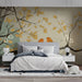 Minimalist bedroom space featuring a sage and ochre bird branch wallpaper for a creative atmosphere