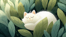 A white cat sleeping peacefully inside a deep forest green leaf foliage pattern