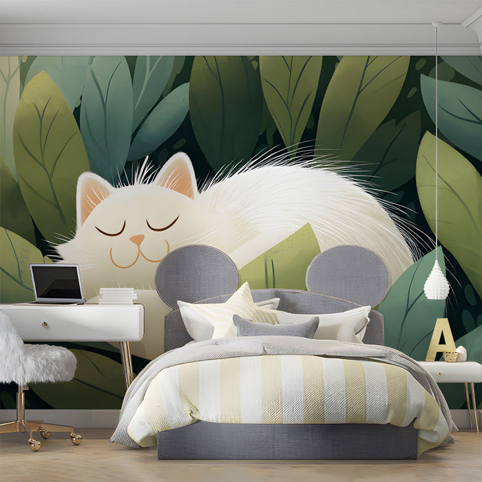 A tranquil bedroom nook decorated with a white cat and green leaves wallpaper