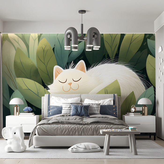 A whimsical sleeping cat mural installed in a cozy bedroom setting