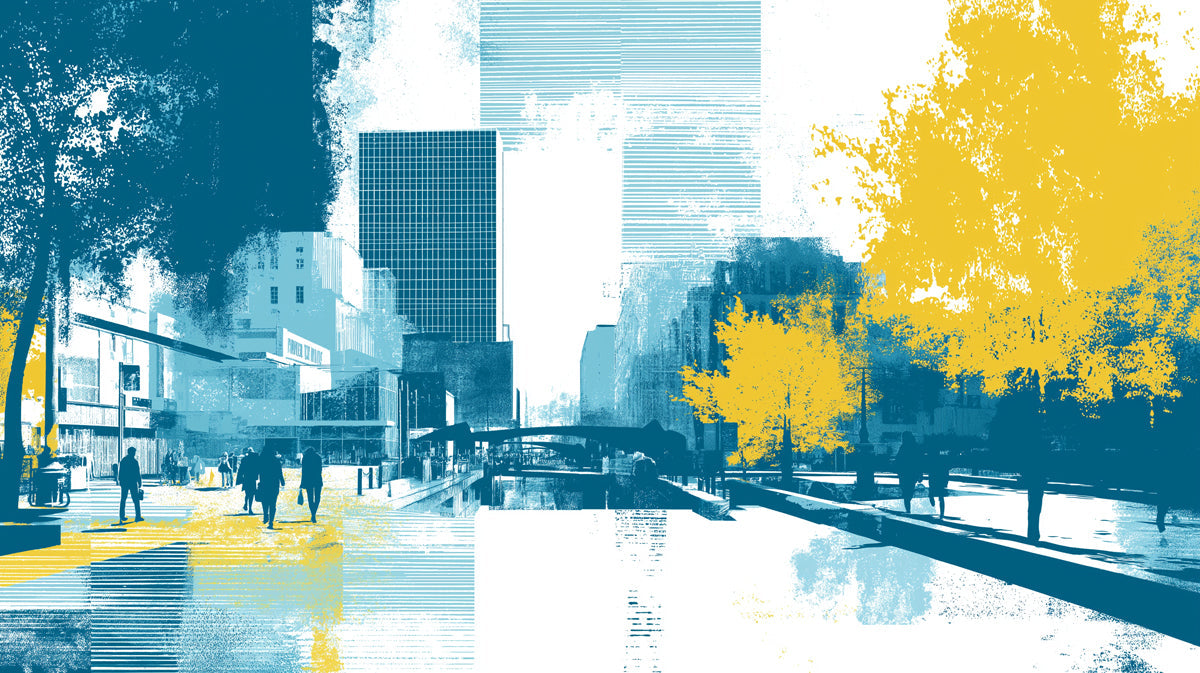 Abstract urban city mural in teal and ochre with architectural sketching