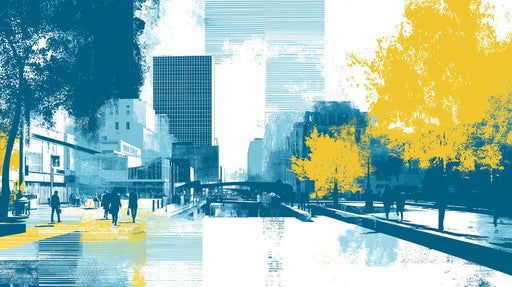 Abstract urban city mural in teal and ochre with architectural sketching