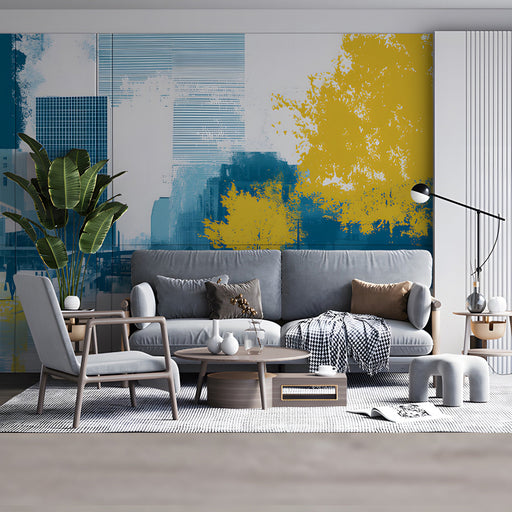 Creative home study room with a graphic city mural behind a wooden desk