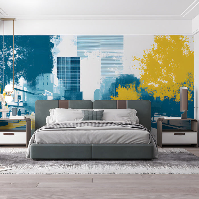 Modern bedroom with an urban cityscape accent wall in teal and yellow