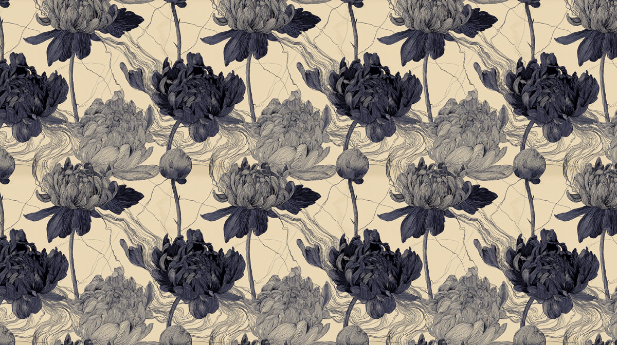 Floral pattern featuring charcoal ink-wash peonies and delicate line-work on a cream background