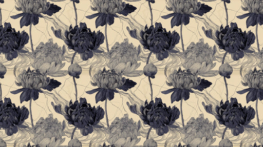 Floral pattern featuring charcoal ink-wash peonies and delicate line-work on a cream background
