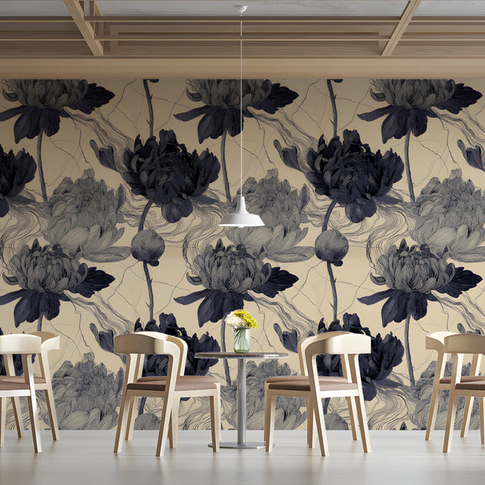 Elegant dining room wall covered in a botanical ink illustration mural
