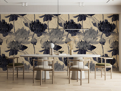 Sophisticated meeting room featuring a monochromatic floral mural behind a velvet sofa