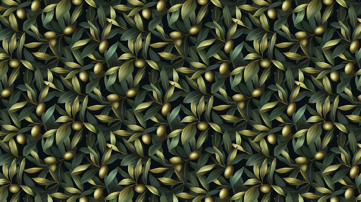 Botanical olive branch pattern with gold olives and forest green leaves on a black background