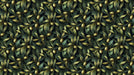 Botanical olive branch pattern with gold olives and forest green leaves on a black background