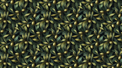 Botanical olive branch pattern with gold olives and forest green leaves on a black background