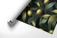 Cozy bedroom wall featuring elegant dark green olive branch mural pattern