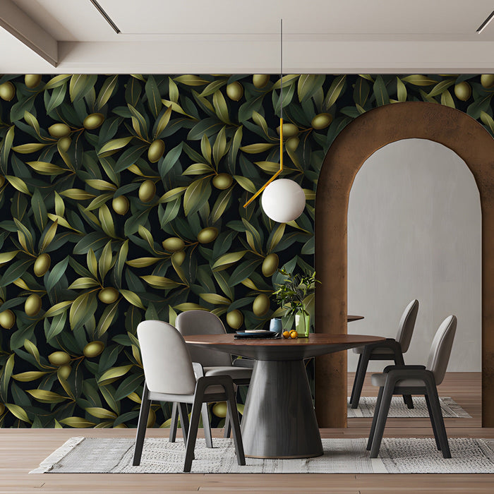 Sophisticated dining room with olive motif wallpaper creating a calm reading environment