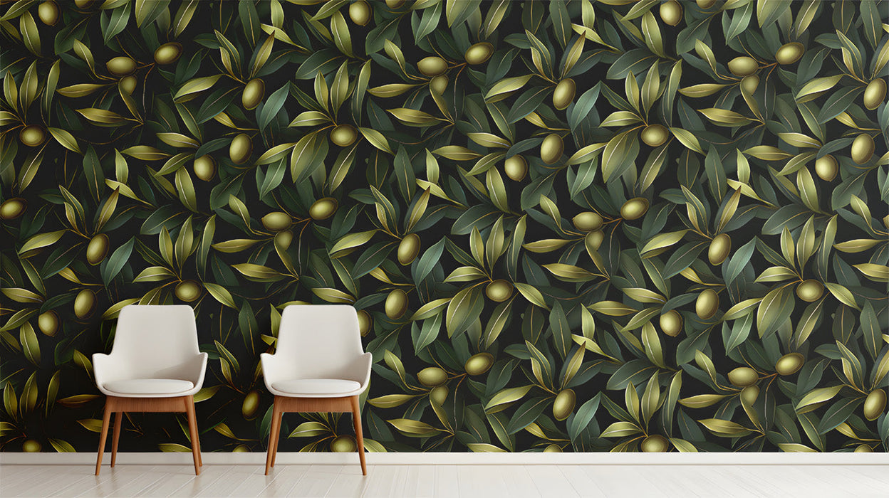 Moody entryway with olive branch wallpaper on a statement wall behind a wooden table